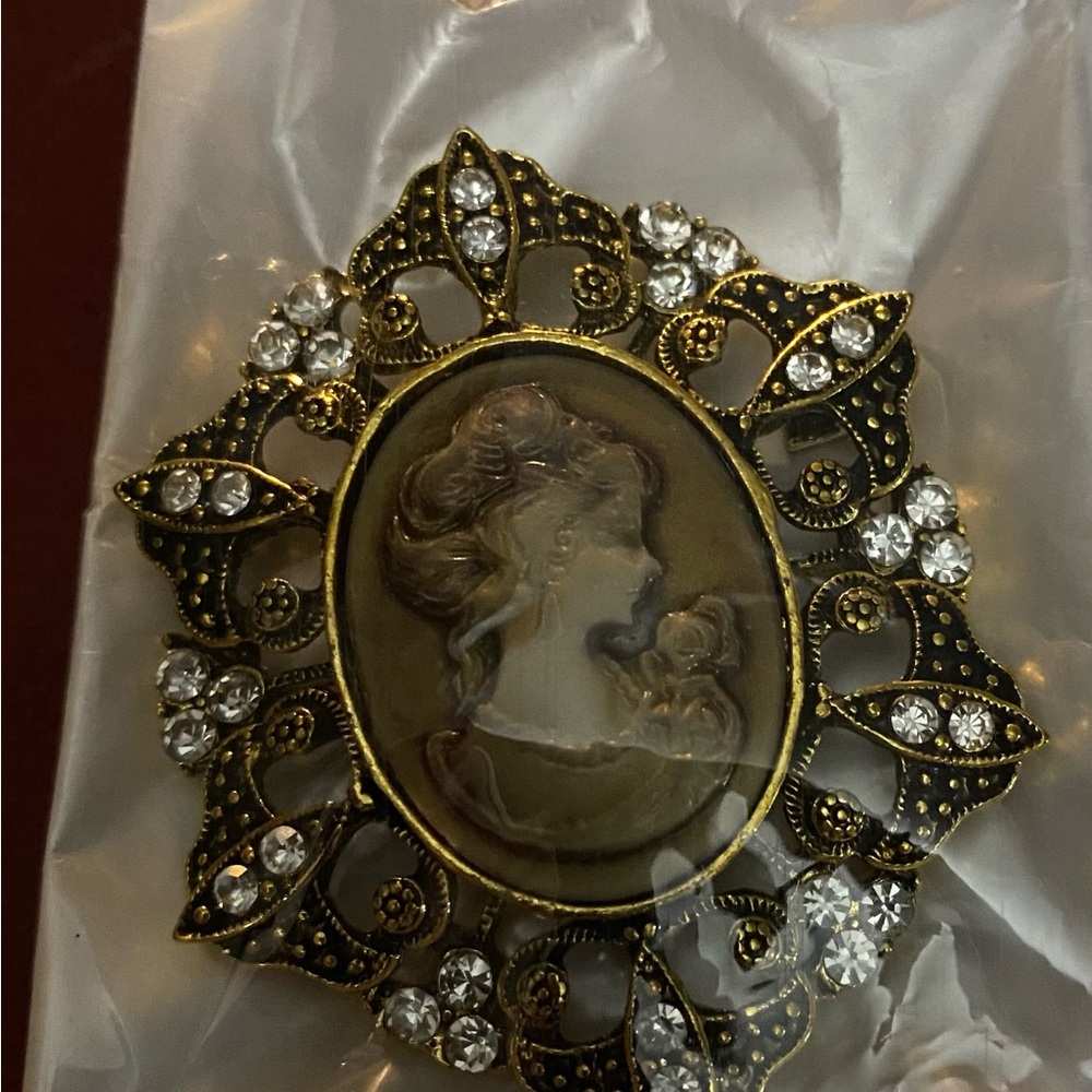 Vintage Cameo Brooch with Gold and Crystal Accents Costume Jewelry